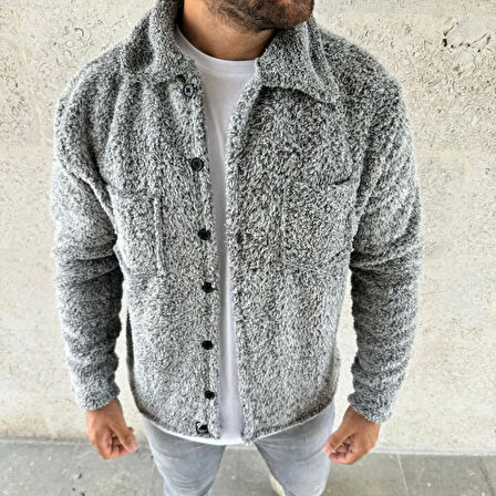 Erkek Pelüş Polar Hırka Gömlek - Yakalı, İlik Düğmeli, Göğüs Cepli, Yumuşak Dokulu Kışlık Regular Fit Rahat Günlük Model - Gri