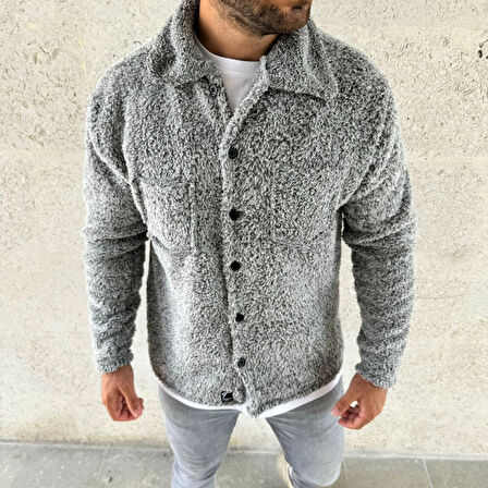 Erkek Pelüş Polar Hırka Gömlek - Yakalı, İlik Düğmeli, Göğüs Cepli, Yumuşak Dokulu Kışlık Regular Fit Rahat Günlük Model - Gri