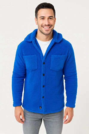 Erkek Pelüş Polar Hırka Gömlek - Yakalı, İlik Düğmeli, Göğüs Cepli, Yumuşak Dokulu Kışlık Regular Fit Rahat Günlük Model - Saks Mavisi