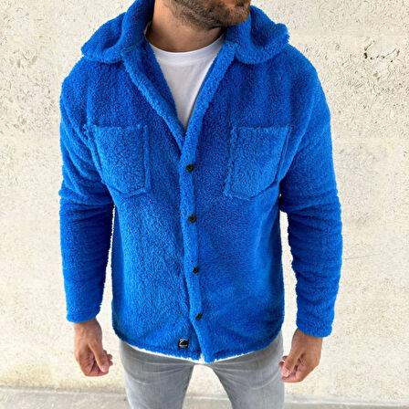 Erkek Pelüş Polar Hırka Gömlek - Yakalı, İlik Düğmeli, Göğüs Cepli, Yumuşak Dokulu Kışlık Regular Fit Rahat Günlük Model - Saks Mavisi