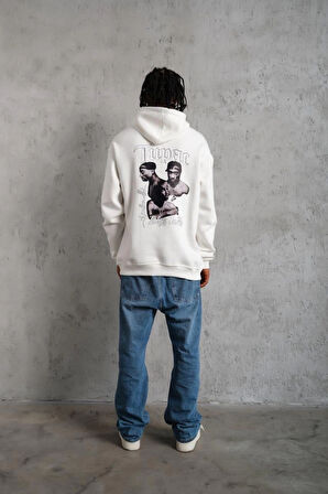 Erkek Oversize Üç İplik Kapüşonlu Sweat - Kol Ve Etek Ribana Detaylı, Ön Ve Sırt Baskılı, Kanguru Cepli Rahat Kalıp Model - Beyaz