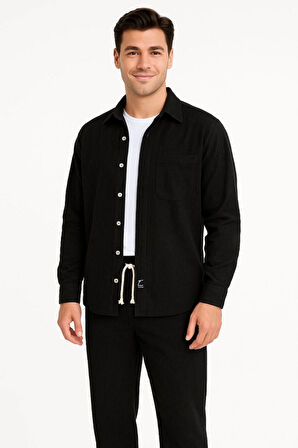 Erkek Kadife Oversize Takım - Gömlek Ve Pantolon İkili Set Füme Corduroy Şıklığı, Rahat Ve Zarif Duruş Yumuşak Dokulu Kadife Kumaş, Düğmeli Gömlek Üst Ve Lastikli Pantolon Alt Parça Ile Gün Boyu Konfor- Siyah