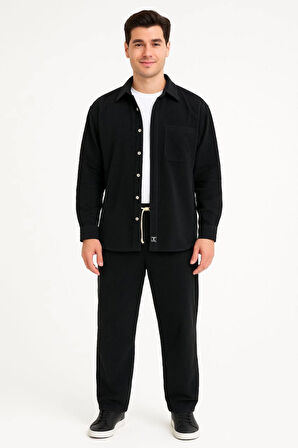 Erkek Kadife Oversize Takım - Gömlek Ve Pantolon İkili Set Füme Corduroy Şıklığı, Rahat Ve Zarif Duruş Yumuşak Dokulu Kadife Kumaş, Düğmeli Gömlek Üst Ve Lastikli Pantolon Alt Parça Ile Gün Boyu Konfor- Siyah