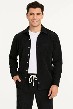 Erkek Kadife Oversize Takım - Gömlek Ve Pantolon İkili Set Füme Corduroy Şıklığı, Rahat Ve Zarif Duruş Yumuşak Dokulu Kadife Kumaş, Düğmeli Gömlek Üst Ve Lastikli Pantolon Alt Parça Ile Gün Boyu Konfor- Siyah