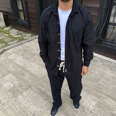 Erkek Kadife Oversize Takım - Gömlek Ve Pantolon İkili Set Füme Corduroy Şıklığı, Rahat Ve Zarif Duruş Yumuşak Dokulu Kadife Kumaş, Düğmeli Gömlek Üst Ve Lastikli Pantolon Alt Parça Ile Gün Boyu Konfor- Siyah
