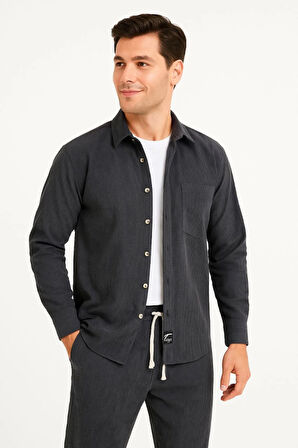 Erkek Kadife Oversize Takım - Gömlek Ve Pantolon İkili Set Füme Corduroy Şıklığı, Rahat Ve Zarif Duruş Yumuşak Dokulu Kadife Kumaş, Düğmeli Gömlek Üst Ve Lastikli Pantolon Alt Parça Ile Gün Boyu Konfor- Füme