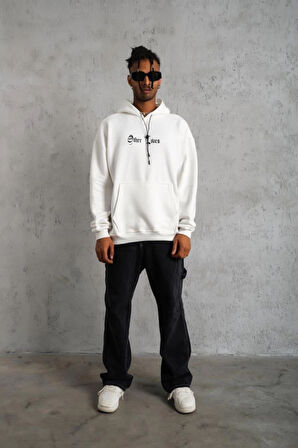 Oversize Üç İplik Şardonlu Kapüşonlu Sweatshirt - Beyaz 'Other Lives' Ön Ve Arka Baskılı, Kanguru Cepli, Ribanalı Rahat Kışlık Model Beyaz