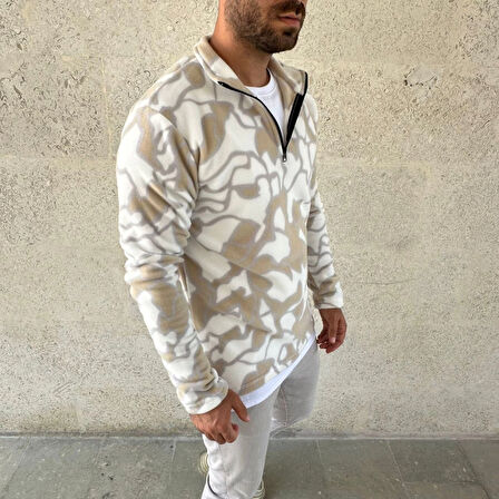Erkek Yarım Fermuarlı Desenli Polar Sweat Yakalı, Uzun Kollu, Oversize Rahat Kalıp - Bej