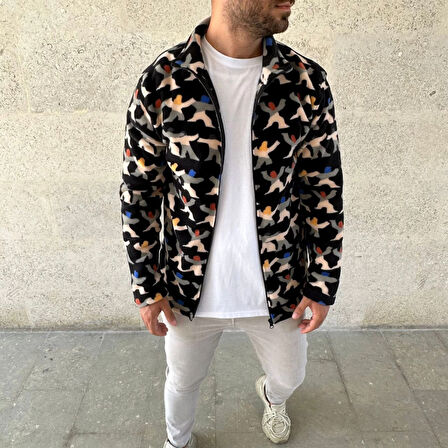 Erkek Tam Fermuarlı Desenli Polar Sweat - Siyah Multicolor Figür Desen Yakalı, Uzun Kollu, Oversize Rahat Kalıp- Siyah