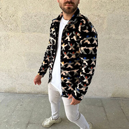 Erkek Tam Fermuarlı Desenli Polar Sweat - Siyah Multicolor Figür Desen Yakalı, Uzun Kollu, Oversize Rahat Kalıp- Siyah