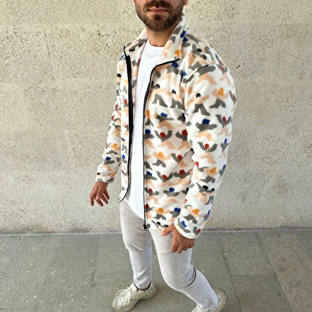 Erkek Tam Fermuarlı Desenli Polar Sweat - Siyah Multicolor Figür Desen Yakalı, Uzun Kollu, Oversize Rahat Kalıp- Beyaz