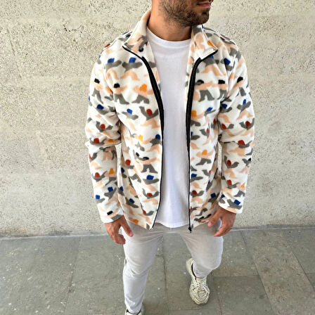 Erkek Tam Fermuarlı Desenli Polar Sweat - Siyah Multicolor Figür Desen Yakalı, Uzun Kollu, Oversize Rahat Kalıp- Beyaz