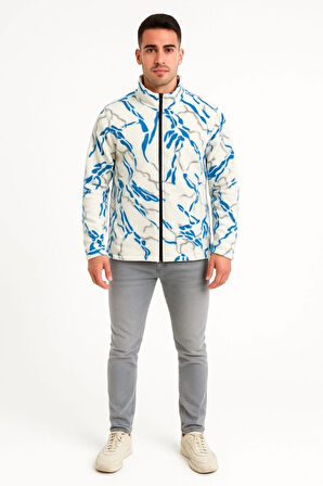 Erkek Tam Fermuarlı Desenli Polar Sweat  Lightning Desen Yakalı, Uzun Kollu, Oversize Rahat Kalıp - Beyaz