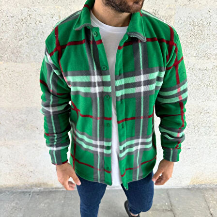 Erkek Ekose Desenli Düğmeli Polar Yakalı Uzun Kollu Gömlek Oversize Rahat Kalıp - Yeşil
