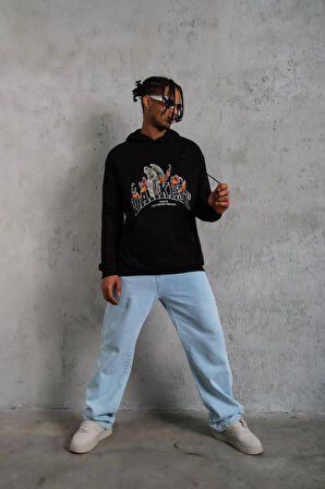 Erkek Oversize Kapüşonlu Sweatshirt - Siyah Renk Üç İplik İçi Pamuklu Kanguru Cepli Baskılı Hoodie Rahat Kalıp Kışlık Günlük Kombinlere Uygun - Siyah