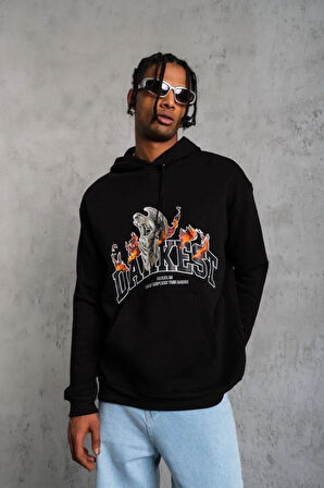 Erkek Oversize Kapüşonlu Sweatshirt - Siyah Renk Üç İplik İçi Pamuklu Kanguru Cepli Baskılı Hoodie Rahat Kalıp Kışlık Günlük Kombinlere Uygun - Siyah