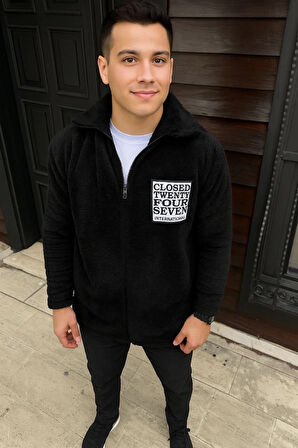 Erkek Polar Fermuarlı Sweatshirt - Kapüşonsuz, Cepli, Yumuşak Dokulu, Oversize Rahat Kalıp, Kışlık Sıcak Tutan Fermuarlı Üst - Siyah