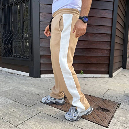 Erkek Üç İplik Kışlık Pamuklu Yandan Garneli Kalın Şeritli Cepli Eşofman Altı - Bej