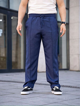 Erkek Keten Cepli Çıma Dikişli Jogger Buggy Pantalon Rahat Kalıp - Lacivert