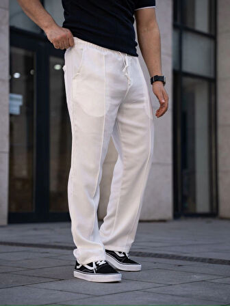 Erkek Keten Cepli Çıma Dikişli Jogger Buggy Pantalon Rahat Kalıp - Beyaz