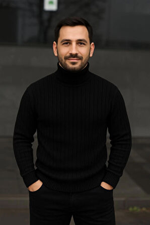 Erkek Balıkcı Yaka Bağazlı Triko Kazak Pamuklu Kalın Fitilli Dokuma, Regular Fit Uzun Kollu Kışlık Model - Siyah