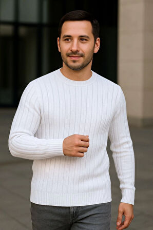 Erkek Bisiklet Yuvarlak Yaka Triko Kazak Pamuklu Kalın Fitilli Dokuma, Regular Fit Uzun Kollu Kışlık Model - Beyaz