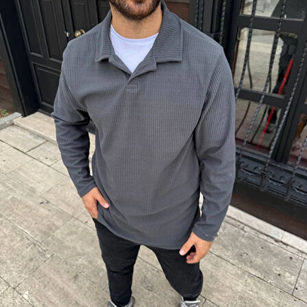 Erkek Fitilli Polar Sweatshirt - Düğmesiz Polo Yaka, Oversize Rahat Kalıp, Kalın Polar Kumaş, Kışlık Ve Baharlık Şık Günlük Üst - Füme