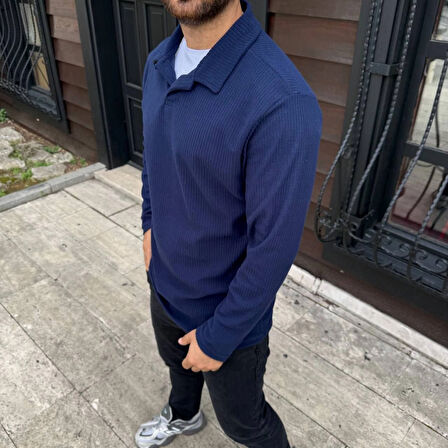 Erkek Fitilli Polar Sweatshirt - Düğmesiz Polo Yaka, Oversize Rahat Kalıp, Kalın Polar Kumaş, Kışlık Ve Baharlık Şık Günlük Üst - Lacivert