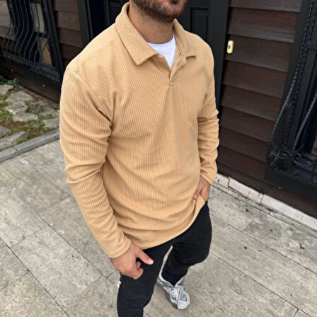 Erkek Fitilli Polar Sweatshirt - Düğmesiz Polo Yaka, Oversize Rahat Kalıp, Kalın Polar Kumaş, Kışlık Ve Baharlık Şık Günlük Üst - Bej