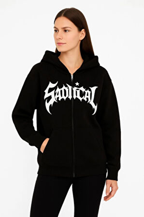 Oversize Kapüşonlu Sweatshirt  Hoodie 3 İplik Şardonlu Pamuklu Kumaş, Önü Baskılı, Fermuarlı Rahat Kalıp, Kışlık Ve Sokak Stili Sweat - Siyah