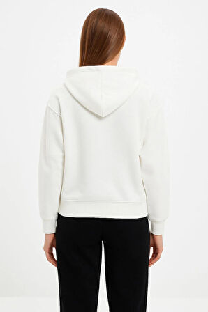 Oversize Kapüşonlu Sweatshirt Hoodie 3 İplik Şardonlu Pamuklu Kumaş, Önü Baskılı, Fermuarlı Rahat Kalıp, Kışlık Ve Sokak Stili Sweat - Beyaz