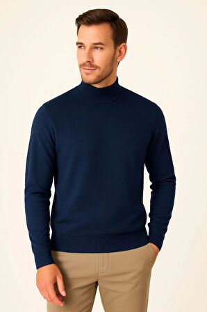 Erkek Yarım Boğaz Triko Kazak Yumuşak Dokulu Pamuklu Ince Dokuma, Uzun Kollu Rahat Regular Kalıp - Lacivert