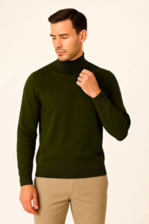 Erkek Yarım Boğaz Triko Kazak Yumuşak Dokulu Pamuklu Ince Dokuma, Uzun Kollu Rahat Regular Kalıp - Haki