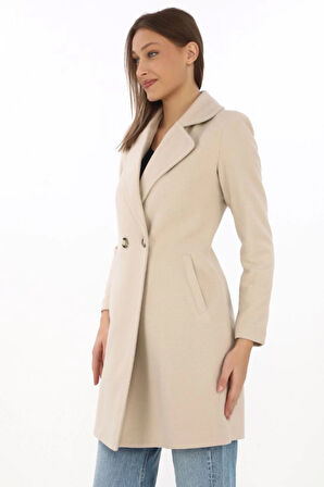 Kaşe Kaban - Siyah Yünlü Dokuma, Kruvaze Yaka, Astarlı, Cepli, Kuşaklı Uzun Boy Tesettür Uyumlu Kışlık Şık Kaban - Bej