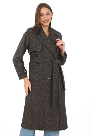 Balık Sırtı Yünlü Dokuma Kaşe Kaban - Kruvaze Yaka, Kuşaklı, Cepli, Astarlı Uzun Boy Tesettür Şık Kışlık Kaşe Kaban Modeli - Kahverengi