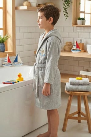 %100 Pamuk Kapüşonlu Gri Genç Çocuk Bornozu Kemerli Unisex