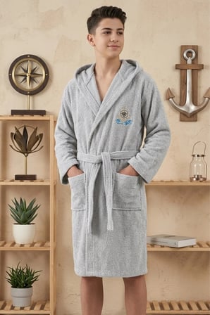 Hera Kapüşonlu Pamuklu Bornoz Gri Unisex Çocuk