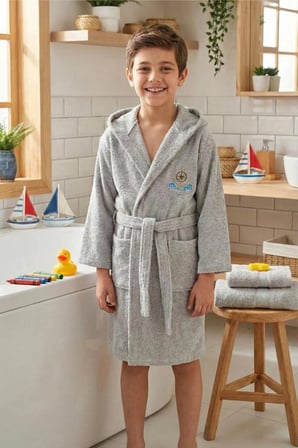 Hera Kapüşonlu Pamuklu Bornoz Gri Unisex Çocuk