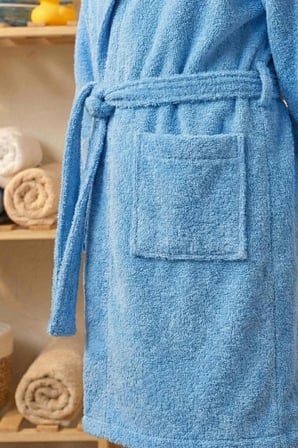%100 Pamuk Kapüşonlu Mavi Genç Çocuk Bornozu Kemerli Unisex