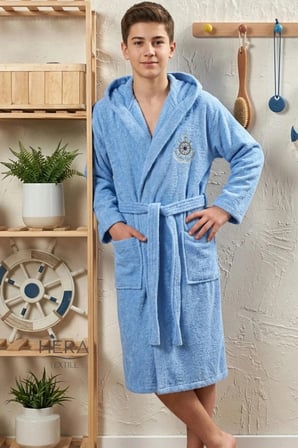 Hera Çocuk Bornozu Mavi Pamuk Unisex Kapüşonlu