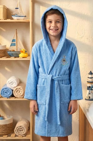 Hera Çocuk Bornozu Mavi Pamuk Unisex Kapüşonlu