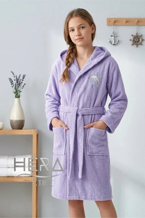 Hera Çocuk Bornozu Lila %100 Pamuk Unisex 13-14 Yaş Figürlü
