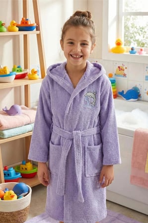 %100 Pamuk Kapüşonlu Lila Genç Çocuk Bornozu Kemerli Unisex