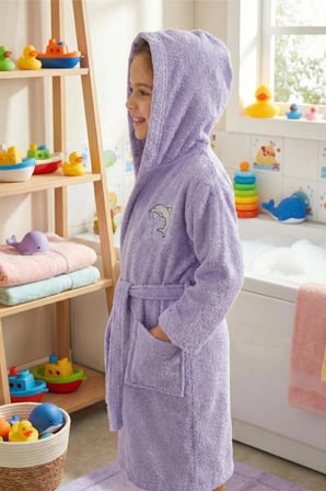 %100 Pamuk Kapüşonlu Lila Genç Çocuk Bornozu Kemerli Unisex