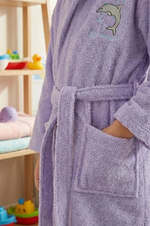 %100 Pamuk Kapüşonlu Lila Genç Çocuk Bornozu Kemerli Unisex