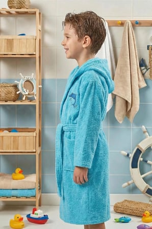 Hera Çocuk Bornozu Turkuaz %100 Pamuk Unisex Figürlü