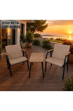 DURU 1-1 BAHÇE BALKON MOBİLYASI,SEHPALI,SİYAH İSKELET,KUMAŞ RENGİ 03 CAPPUCCİNO