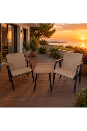 DURU 1-1 BAHÇE BALKON MOBİLYASI,SEHPALI,SİYAH İSKELET,KUMAŞ RENGİ 03 CAPPUCCİNO