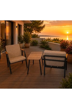DURU 1-1 BAHÇE BALKON MOBİLYASI,SEHPALI,SİYAH İSKELET,KUMAŞ RENGİ 03 CAPPUCCİNO