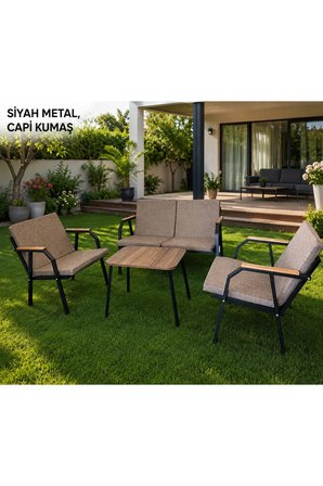 DURU 2-1-1 BAHÇE BALKON MOBİLYASI,SEHPALI,SİYAH İSKELET,KUMAŞ RENGİ 03 CAPPUCCİNO